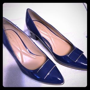 Andrew Geller blue patent block heels, gold trim
